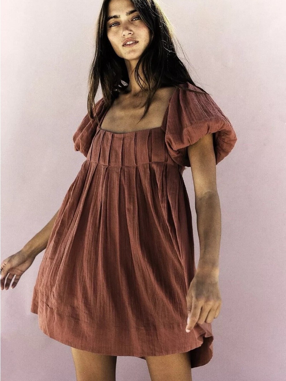 Free People Marina Puff Sleeve Babydoll Gauze Mini Dress | Terracotta | XS